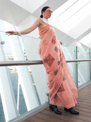 Rajwada Peach Tissue Printed Saree With Unstitched Blouse For Women