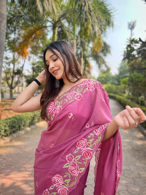 Rajwada Pink Organza Embroidered Saree With Unstitched Blouse For Women