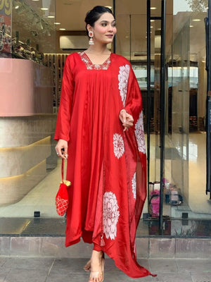 Rajwada Red Silk Blend Embroidered Stitched Kurta Set For Women