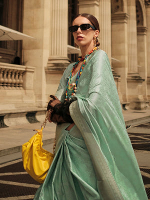 Rajwada Sea Green Silk Blend Woven Saree With Unstitched Blouse For Women