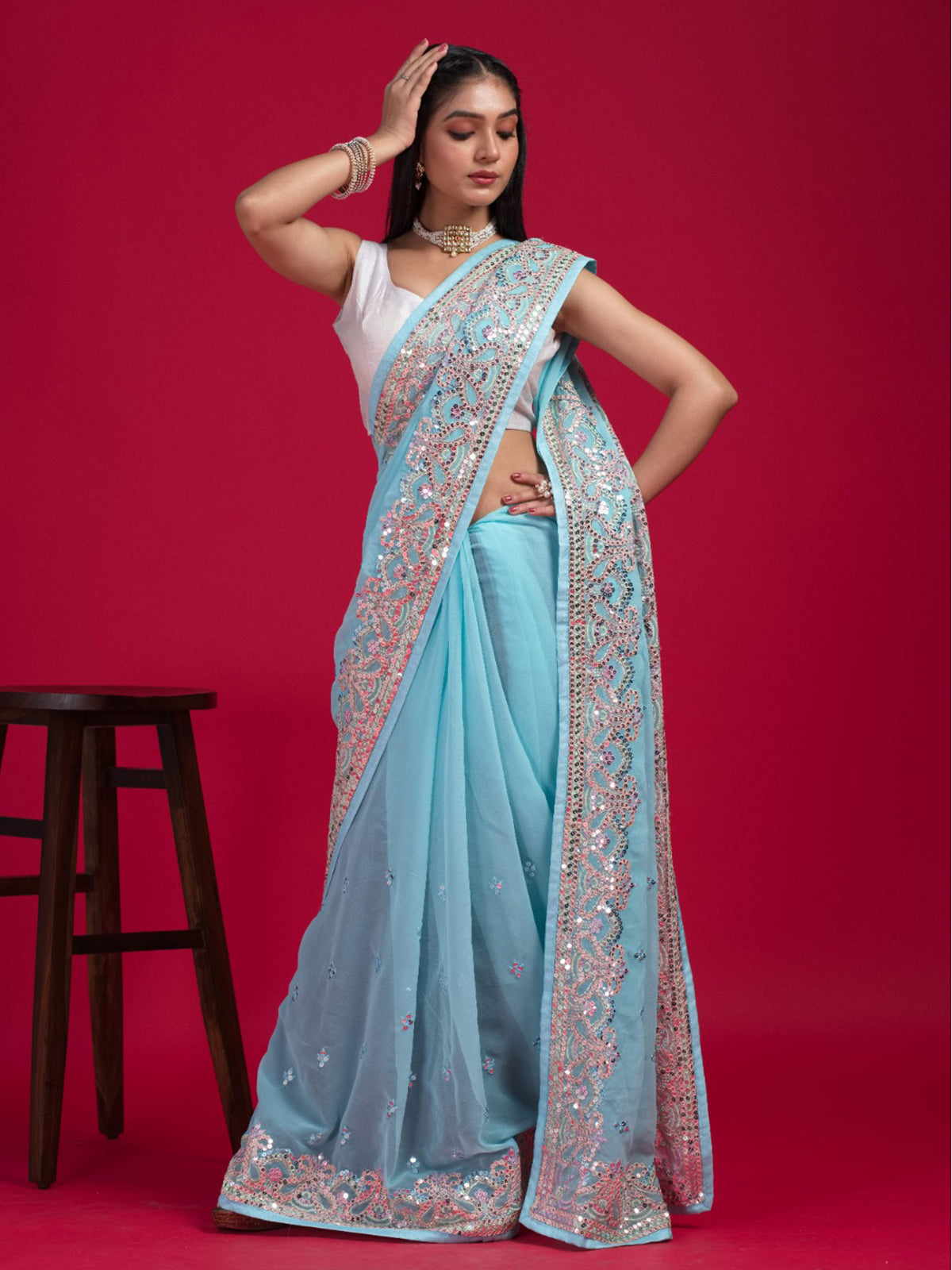 Rajwada - Blue Georgette Embroidered Saree with Unstitched Blouse