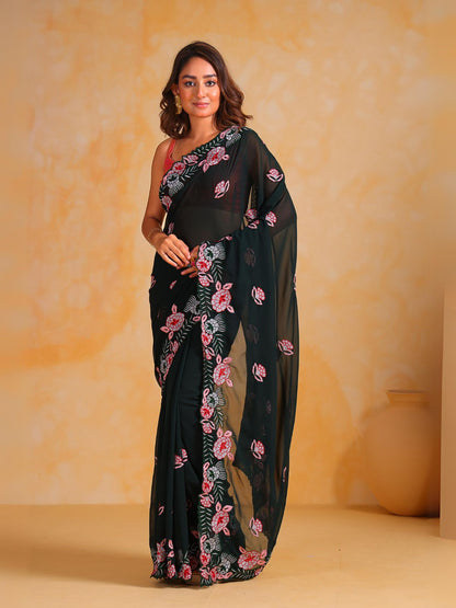 Rajwada Green Silk Blend Embroidered Saree With Unstitched Blouse For Women