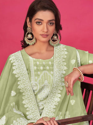Rajwada Light Green Organza Embroidered Semi-Stitched Kurta Set For Women