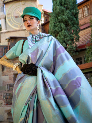 Rajwada Green Silk Blend Woven Saree With Unstitched Blouse For Women