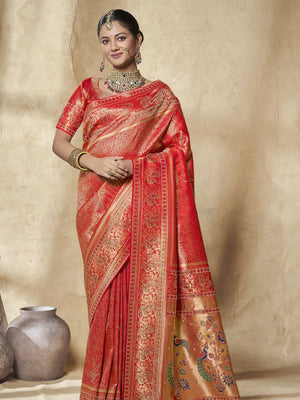 Rajwada Red Silk Blend Embellished Saree For Women