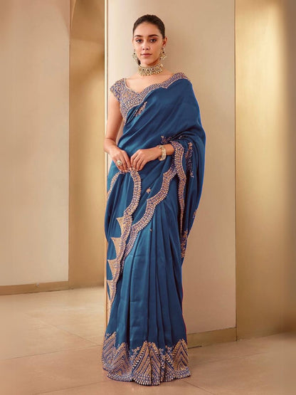 Rajwada Teal Blue Silk Blend Embellished Saree For Women
