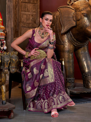 Rajwada Wine Satin Woven Saree With Unstitched Blouse For Women