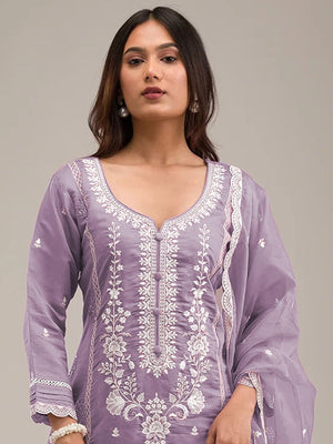 Rajwada Purple Cotton Blend Embroidered Semi-Stitched Kurta Set For Women