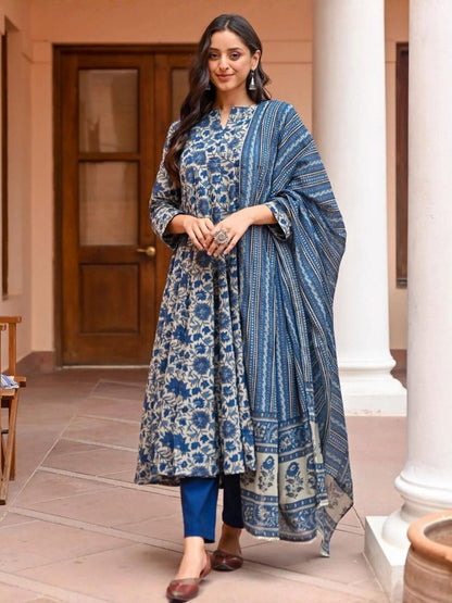Rajwada Navy Blue Rayon Printed Stitched Kurta Set For Women