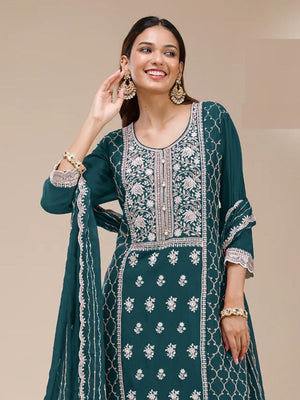 Rajwada Teal Blue Georgette Embroidered Semi Stitched Kurta Set For Women