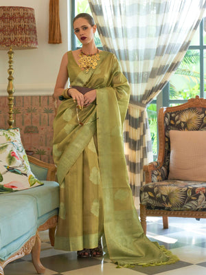 Rajwada Green Tissue Blend Woven Saree With Unstitched Blouse For Women