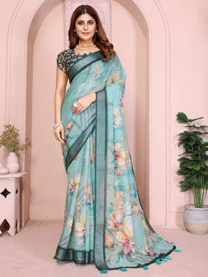 Rajwada Green Cotton Linen Printed Saree For Women