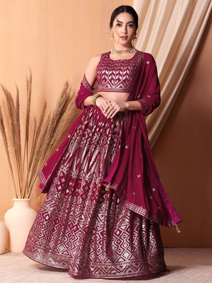 Rajwada Dark Pink Georgette Embellished Semi-Stitched Lehenga For Women
