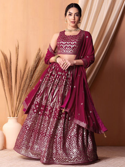 Rajwada Dark Pink Georgette Embellished Semi-Stitched Lehenga For Women