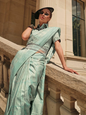 Rajwada Sea Green Silk Blend Woven Saree With Unstitched Blouse For Women