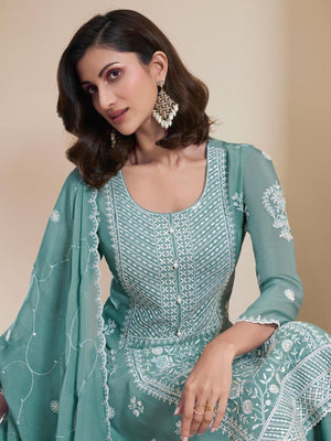 Rajwada Sky Blue Chinon Embroidered Semi-Stitched Kurta Set For Women