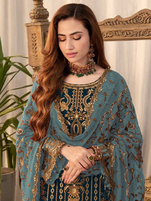 Rajwada Teal Blue Georgette Embroidered Semi-Stitched Kurta Set For Women