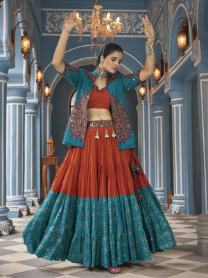 Rajwada Orange And Blue Viscose Rayon Stitched Lehenga Set For Women