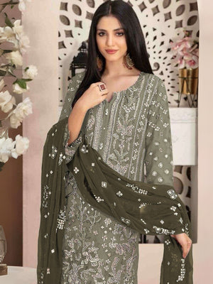 Rajwada Olive Georgette Embroidered Semi-Stitched Kurta Set For Women