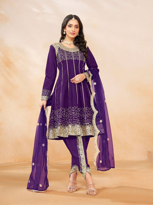 Rajwada Purple Art Silk Embellished Semi Stitched Kurta Set For Women