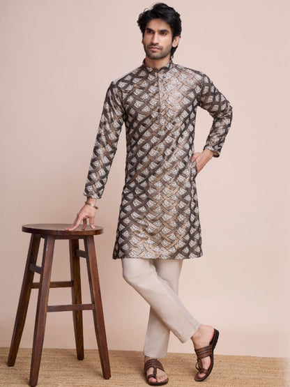 Rajwada White Silk Blend Gold Sequins Stitched  Kurta For Men