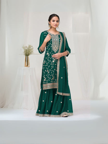 Rajwada Green Silk Blend Embroidered Semi-Stitched Kurta Set For Women