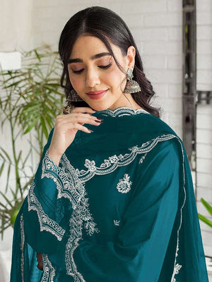 Rajwada Teal Georgette Embroidered Semi-Stitched Kurta Set For Women