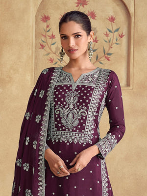 Rajwada Wine Georgette Embroidered Semi-Stitched Kurta Set For Women