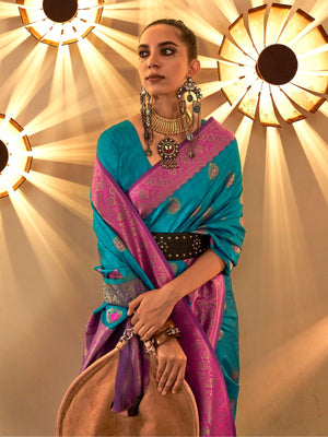 Rajwada Teal Silk Blend Woven Saree With Unstitched Blouse For Women
