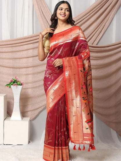 Rajwada Maroon Silk Blend Woven Saree For Women