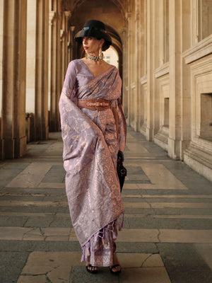 Rajwada Mauve Silk Blend Woven Saree With Unstitched Blouse For Women