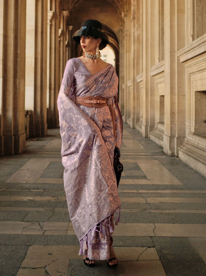 Rajwada Mauve Silk Blend Woven Saree With Unstitched Blouse For Women