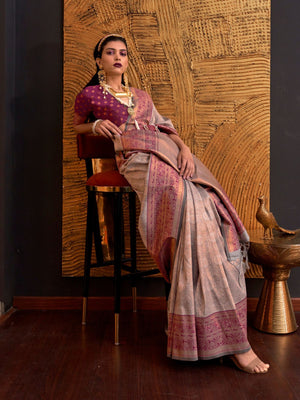 Rajwada Grey Silk Blend Woven Saree With Unstitched Blouse For Women