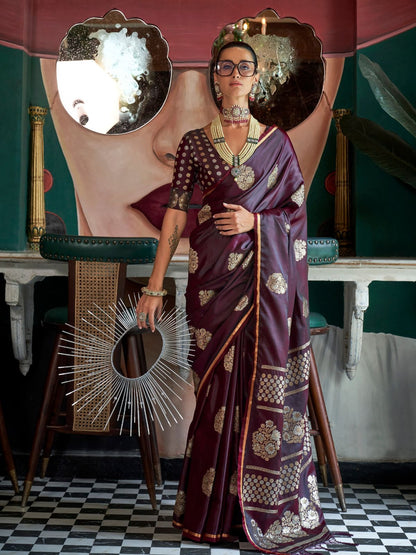 Rajwada Wine Satin Woven Saree With Unstitched Blouse For Women
