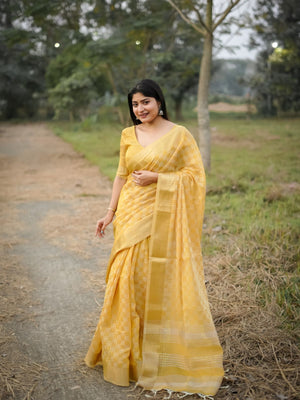 Rajwada Yellow Silk Blend Woven Saree For Women