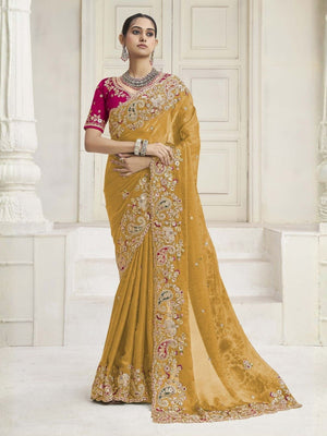 Rajwada Yellow Satin Embroidered Saree For Women