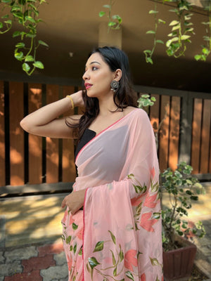 Rajwada Pink Georgette Printed Saree With Unstitched Blouse For Women