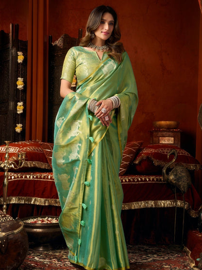 Rajwada Aqua Green Silk Blend Solid Saree For Women