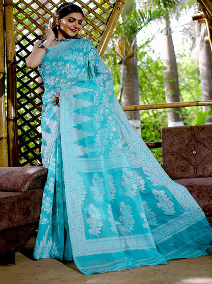 Rajwada Blue Cotton Blend Woven Saree With Unstitched Blouse For Women