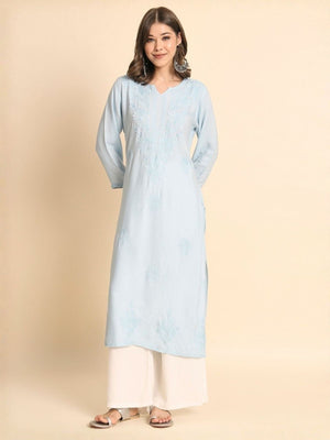 Rajwada Sky Blue Rayon Embroidered Kurti For Women