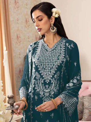 Rajwada Aqua Blue Georgette Embroidered Semi-Stitched Kurta Set For Women