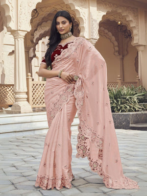 Rajwada Light Peach Silk Blend Embellished Elegant Saree For Women