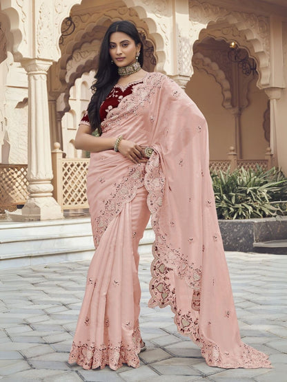 Rajwada Light Peach Silk Blend Embellished Elegant Saree For Women
