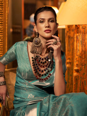 Rajwada Green Organza Woven Saree With Unstitched Blouse For Women
