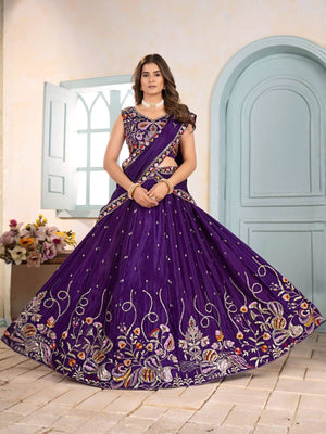 Rajwada Purple Chinon Sequence Embroidered Semi-Stitched Lehenga For Women
