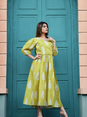 Rajwada Olive Chiffon Stitched Printed Indo Western Dress For Women