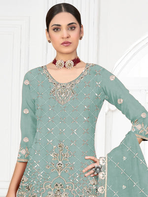 Rajwada Sky Blue Georgette Embellished Semi-Stitched Kurta Set For Women
