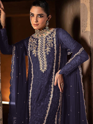 Rajwada Blue Georgette Embroidered Semi-Stitched Kurta Set For Women