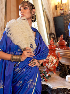 Rajwada Blue Silk Blend Woven Saree With Unstitched Blouse For Women