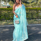 Rajwada Light Blue Organza Embroidered Saree With Unstitched Blouse For Women